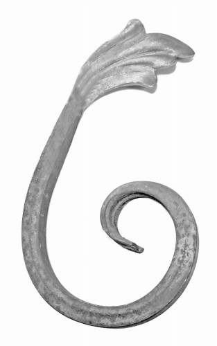 Metalowy element spiralny kuty w kształcie cyfry sześć z jednym listkiem do bram i ogrodzeń, 12x12 - 10.325.P