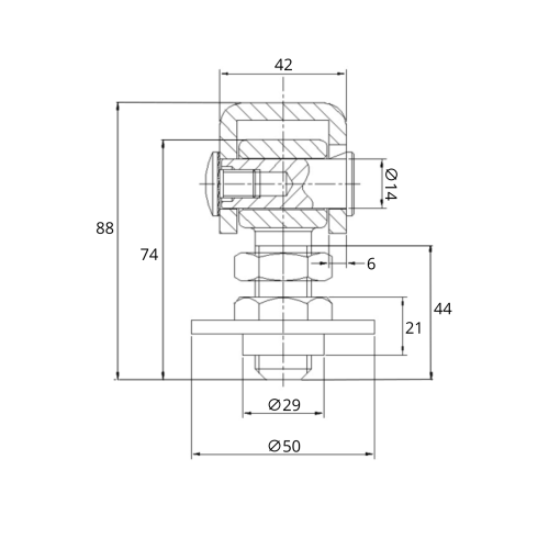 Rysunek techniczny zawiasu M20 z regulacją do bram
